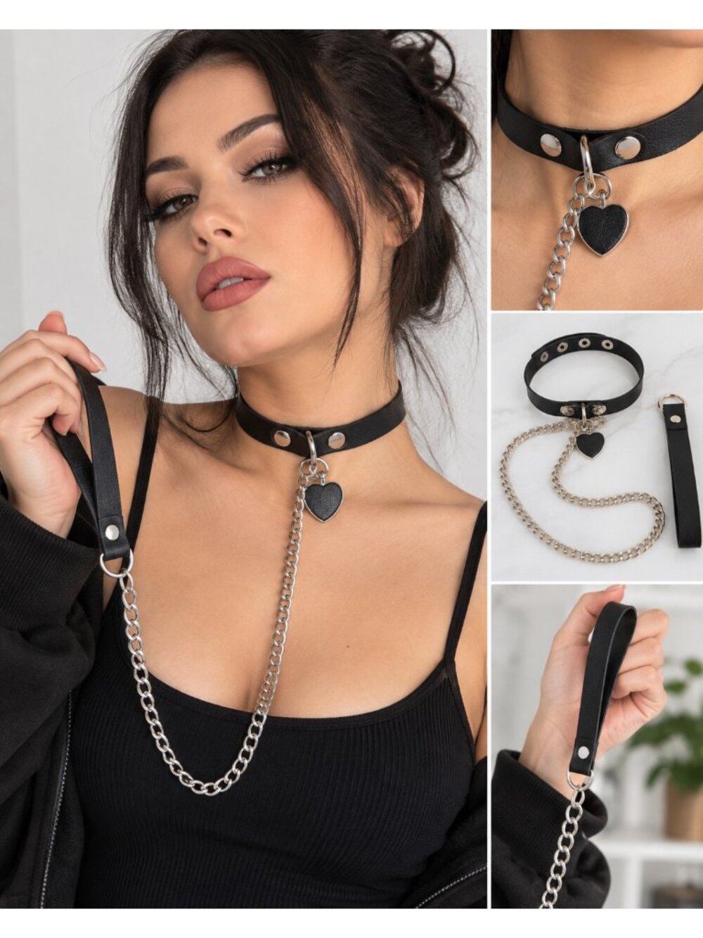 Black Heart Choker Collar Silver Chain Leash Faux Leather Goth Punk Y2K Alt